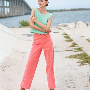 70s Peach Pink Suede High Waisted Pants Vintage Flared Wide Leg Stitched Trousers image 8