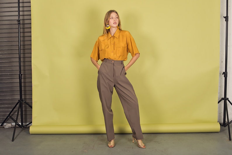 80s Dark Khaki Trousers Vintage Straight Leg Minimal Pants image 3