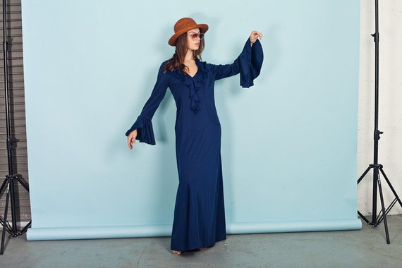70s Dark Blue Ruffle Maxi Vintage Midnight Long Sl