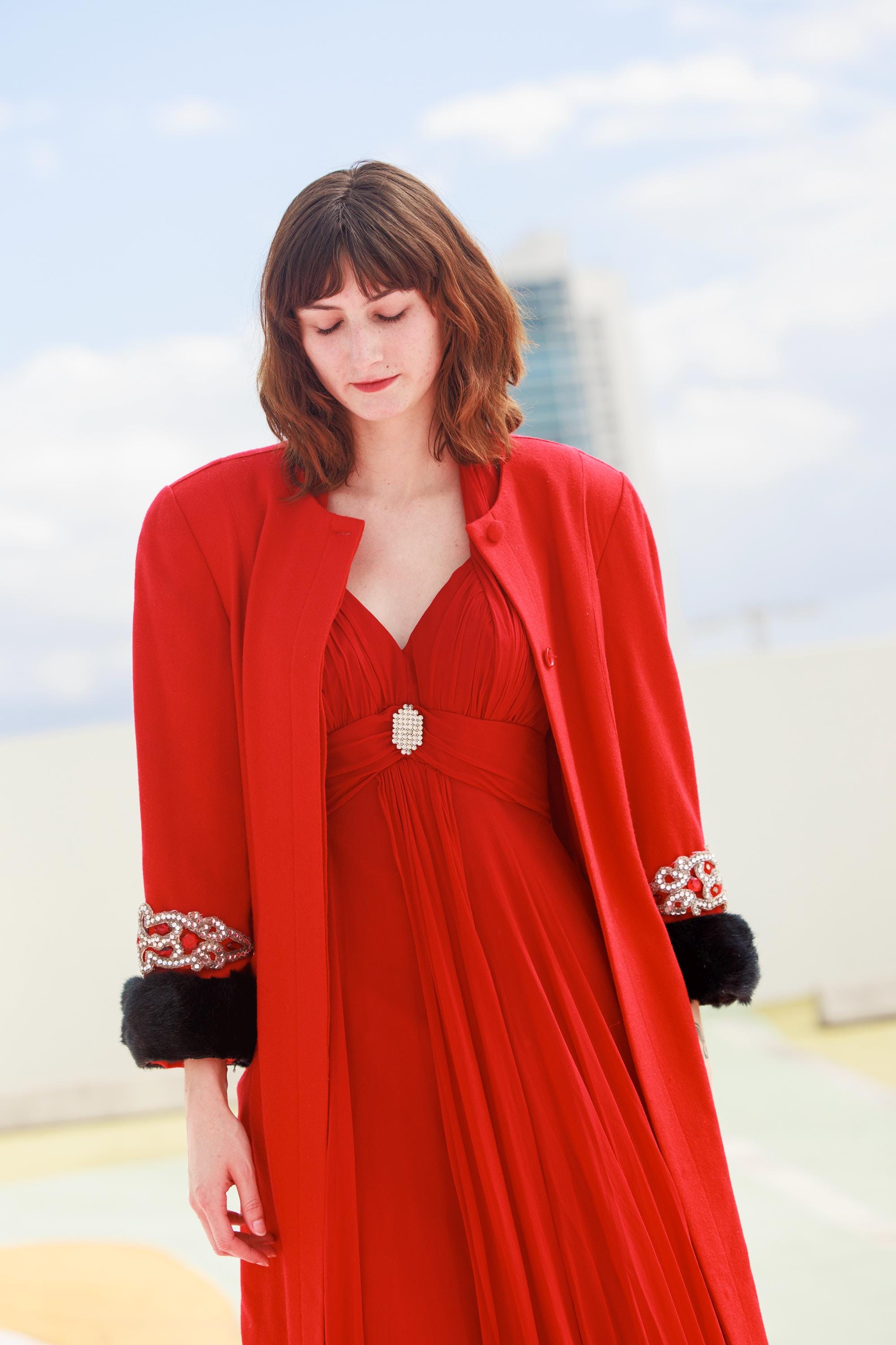 red silk chiffon dress 80s Red Silk Chiffon Flowy Maxi Dress Vintage Halter Empire Waist Formal Evening Long Dress