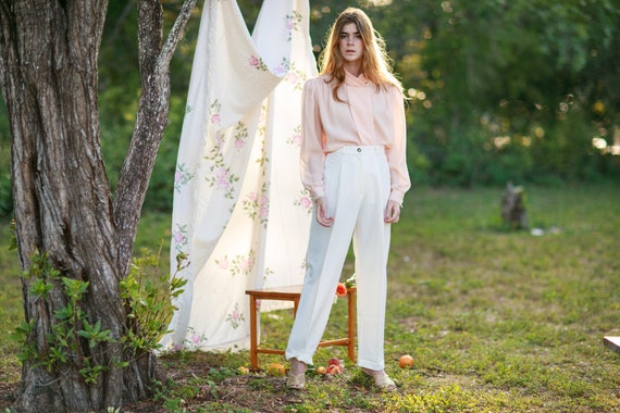 80s White High Waisted Classic Trousers Vintage B… - image 1