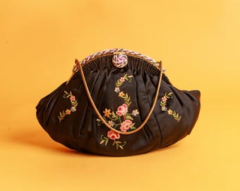 40s Black French Silk Embroidered Colorful Purse Vintage Flower Beaded Handle Evening Bag