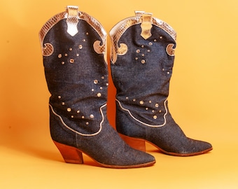 80s Dark Blue Denim Silver Studded Western Boots Vintage Pointy Cowgirl Adorned Filigree Boots