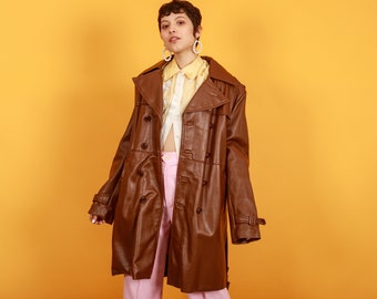 70s Dark Caramel Brown Faux Leather Coat Vintage Oversize Belted Faux Leather Jacket