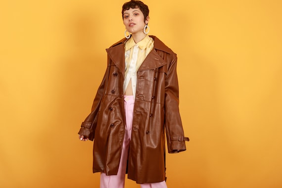 70s Dark Caramel Brown Faux Leather Coat Vintage Oversize Belted Faux Leather Jacket Etsy Canada