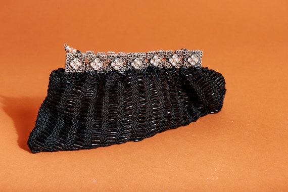 70s Black Woven Beaded Silver Evening Purse Vinta… - image 7