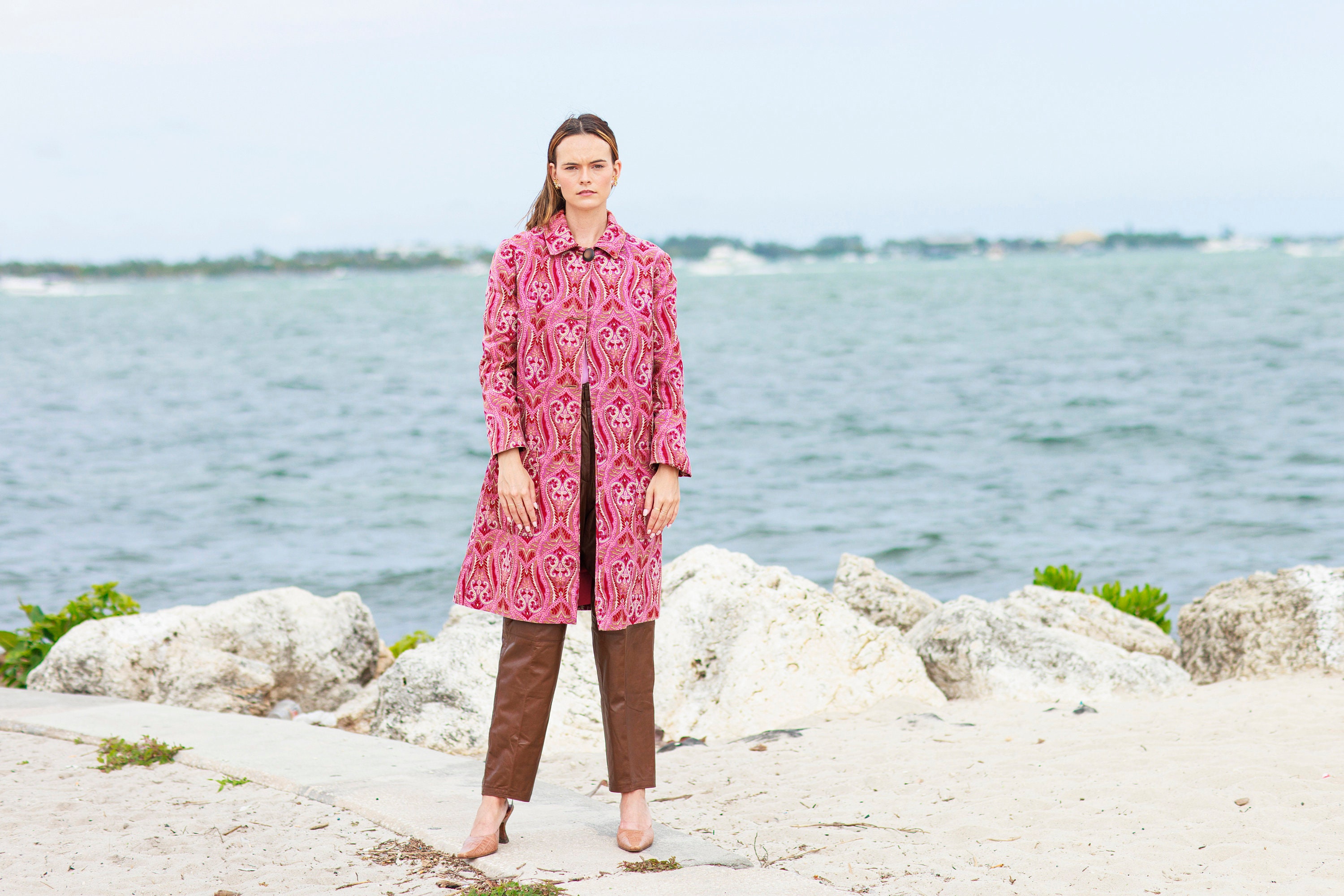 50s Pink Paisley Print Tapestry Coat Vintage Long Sleeve Colorful