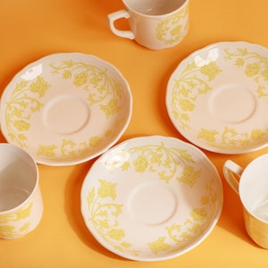 Set of 3 80s Vintage White Yellow Floral Pattern Ceramic Teacups with Plates image 4