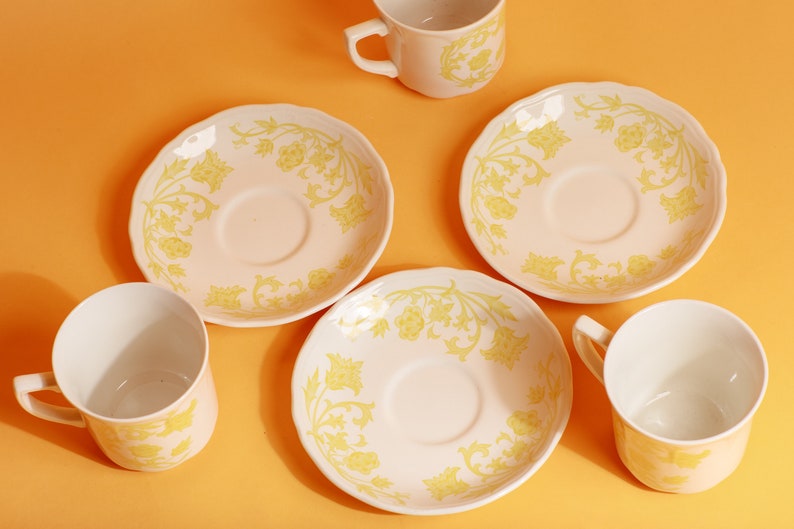 Set of 3 80s Vintage White Yellow Floral Pattern Ceramic Teacups with Plates image 4