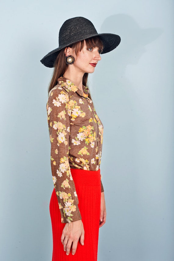 70s Brown Floral Knit Long Sleeve Top Vintage Aut… - image 5