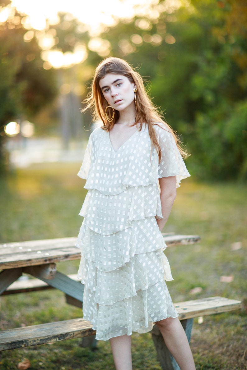 80s Beige Tiered Ruffle Formal Dress Vintage Printed Romantic Chiffon Ruffles Dress image 9