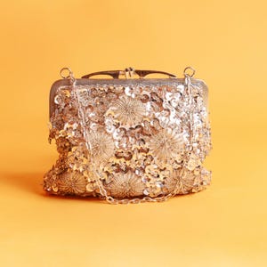 50s Silver Sequin Floral Frame Bag Vintage Chain Formal Evening Sparkly Beaded Purse