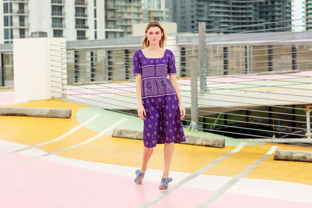 50s Purple Oscar de La Renta Designer Party Dress Vintage Tea Length Printed Dress