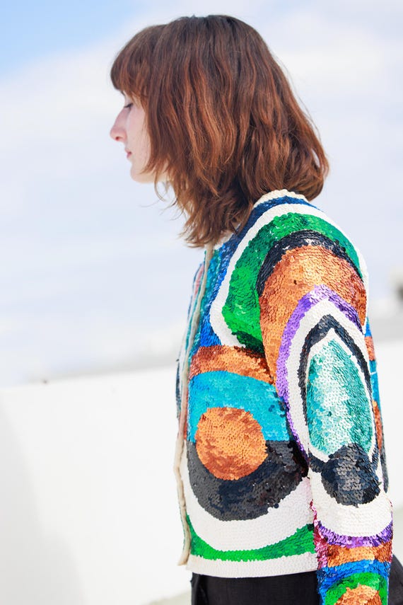 80s Bright Geometric Pattern Fully Sequin Long Sl… - image 10