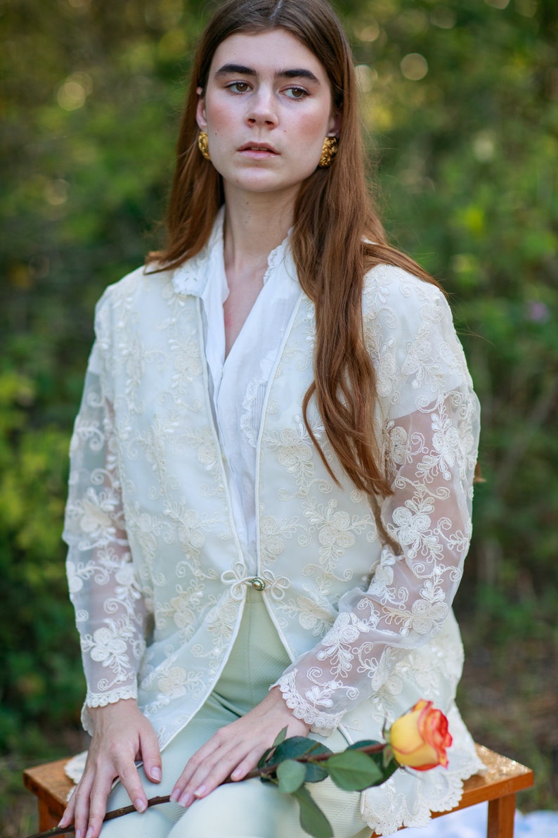 80s Off White Lace Embroidered Jacket Vintage Victorian Sheer Long Sleeve Blazer image 4