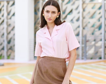 80s Blush Pink Short Sleeve Blouse Vintage Classic Fitted Top