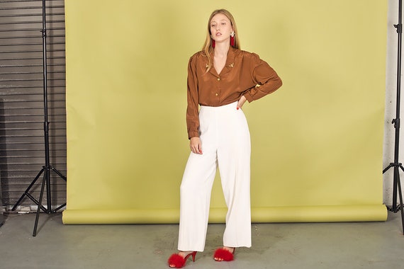 80s White Rayon Formal Pants Vintage Classic High