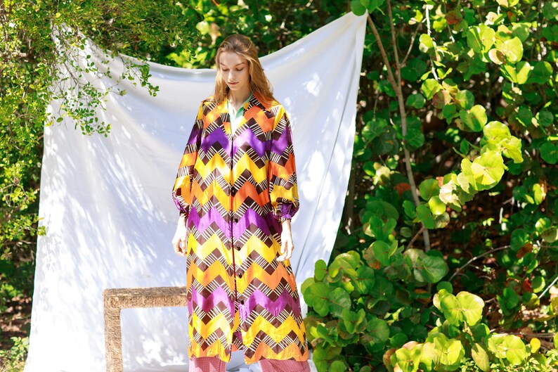 60s Colorful Purple Yellow Mod Print Robe Vintage Psychedelic Long Jacket Dress image 4