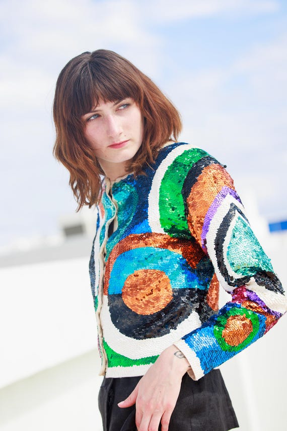 80s Bright Geometric Pattern Fully Sequin Long Sl… - image 6