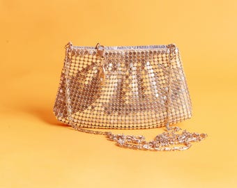 70-tals silverfärgad mesh-kedjebrynjekuvertväska vintagekedja metallisk glittrig discoväska