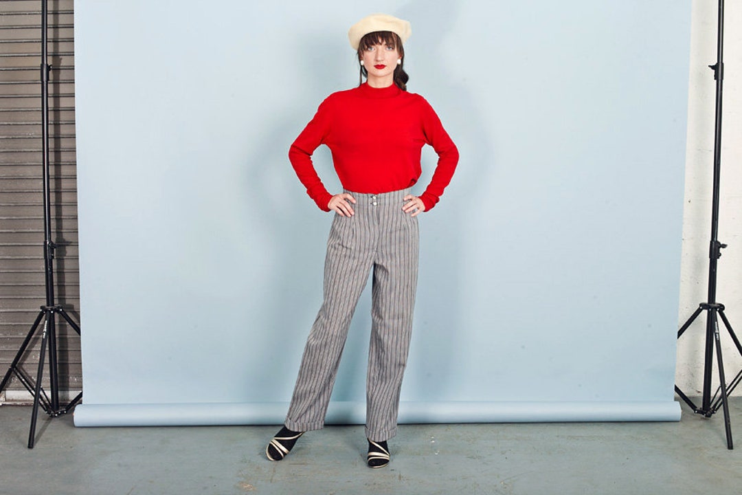 80s Grey Vertical Striped Pants Vintage Tapered High Waisted