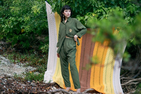 80s Olive Green Matching Set Vintage Blouse Pant G