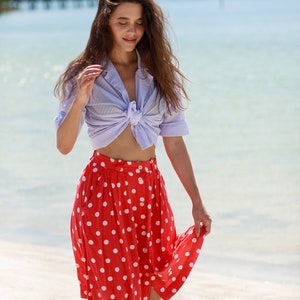 80s Pink Polka Dot Skirt Vintage High Waisted Belted Pocket Skirt image 6
