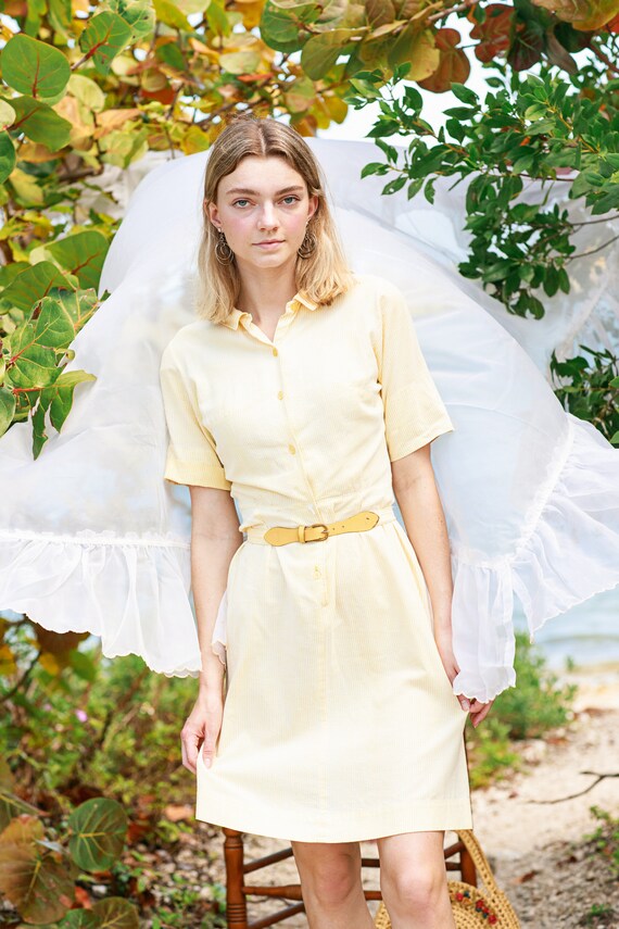 50s Light Yellow Striped Shirt Dress Vintage Shor… - image 6