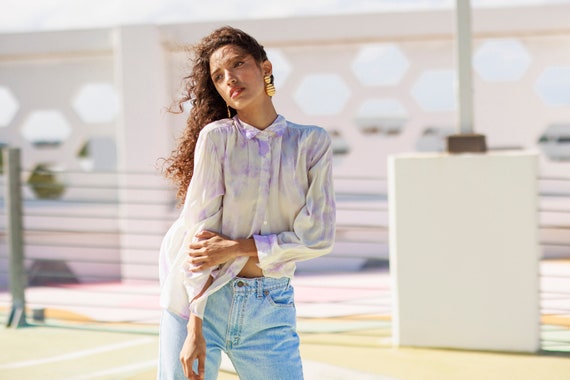 60s White Purple Tie Dye Silk Blouse Vintage Hand Dyed Long Sleeve