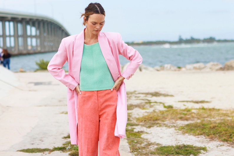 70s Peach Pink Suede High Waisted Pants Vintage Flared Wide Leg Stitched Trousers image 3