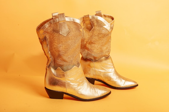 90s Gold Metallic Mesh Cowgirl Boots Vintage Cowboy Nina Sheer Boots Etsy UK