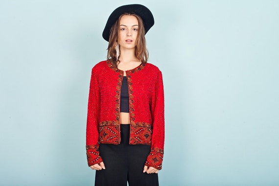 80s Red Gold Encrusted Jacket Vintage Beaded Forma