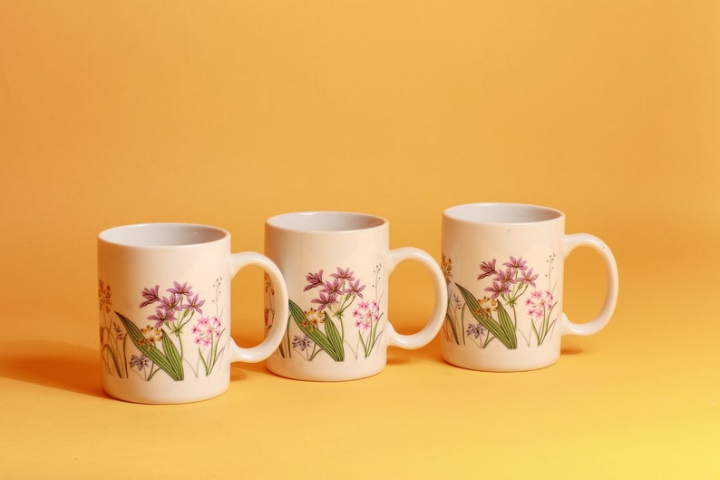 Set of 3 90s White Floral Colorful Ceramic Mug Matching Set image 1