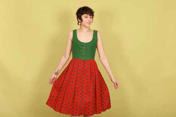 40s Red Green Brocade Folk Tratchen Dress Vintage… - image 9