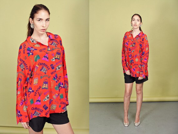 80s Red Silk Blouse Vintage Southwestern Silk Nati