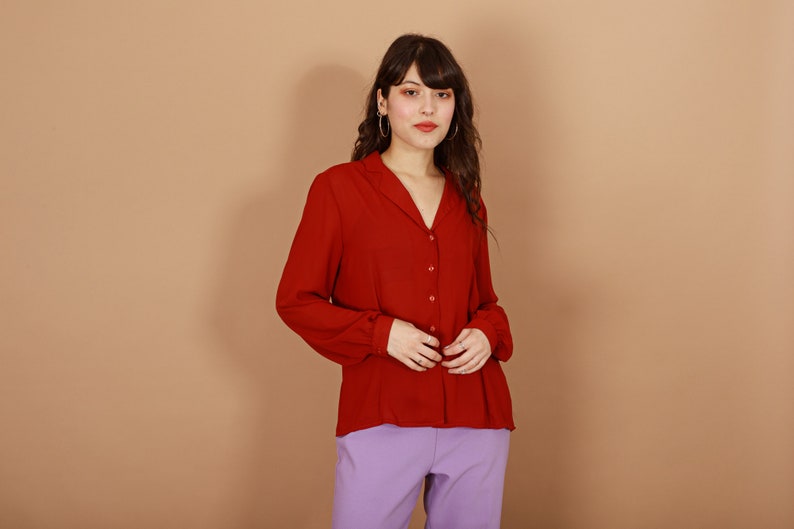 70s Rusty Red Long Sleeve Top Vintage Fitted Collar Blouse