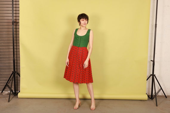 40s Red Green Brocade Folk Tratchen Dress Vintage… - image 1