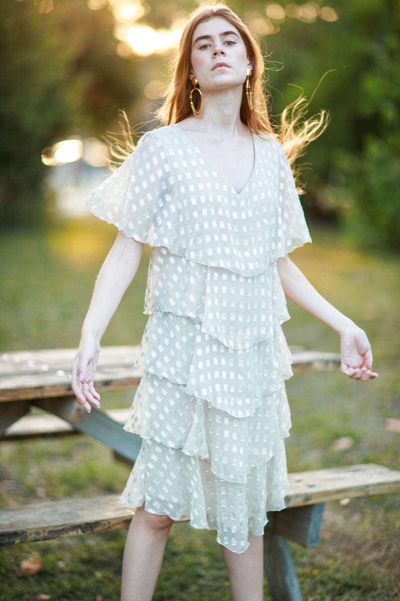 80s Beige Tiered Ruffle Formal Dress Vintage Printed Romantic Chiffon Ruffles Dress image 4