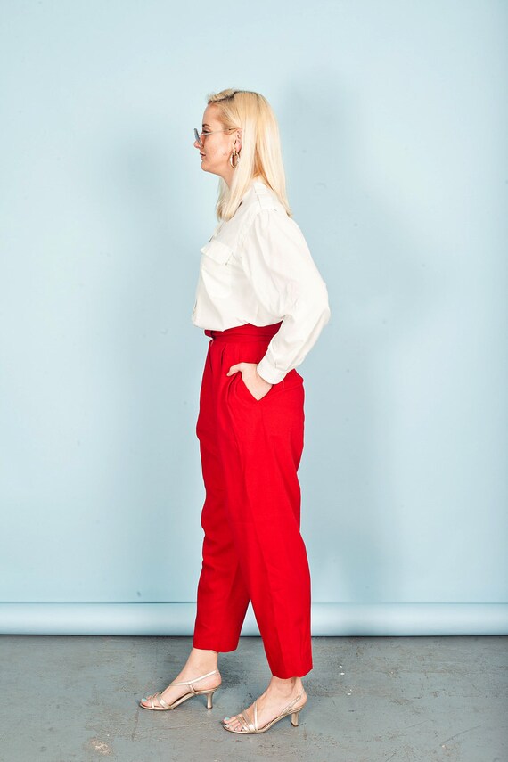 80s Bright Red Formal Pants Vintage Rayon High Ri… - image 3