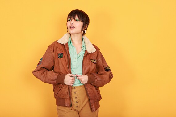 70s Caramel Brown Patchwork Bomber Jacket Vintage… - image 5