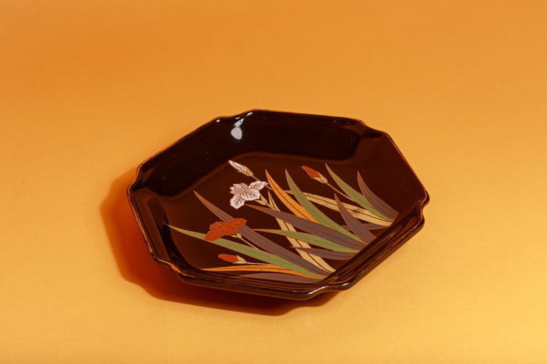 80s Black Gold Carnation Japanese Tulip Decorative Tray Plate image 4