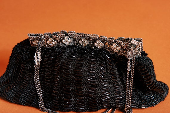 70s Black Woven Beaded Silver Evening Purse Vinta… - image 2