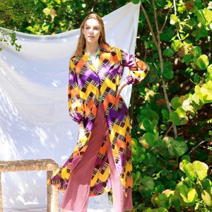 60s Colorful Purple Yellow Mod Print Robe Vintage Psychedelic Long Jacket Dress image 7