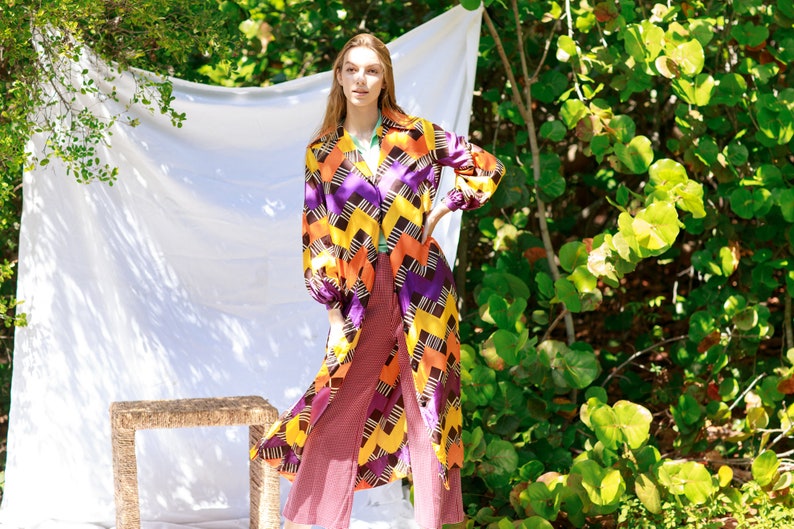 60s Colorful Purple Yellow Mod Print Robe Vintage Psychedelic Long Jacket Dress image 7