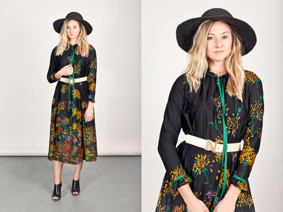 Vintage Floral Maxi Dress: 50s Black Yellow Loung… - image 3