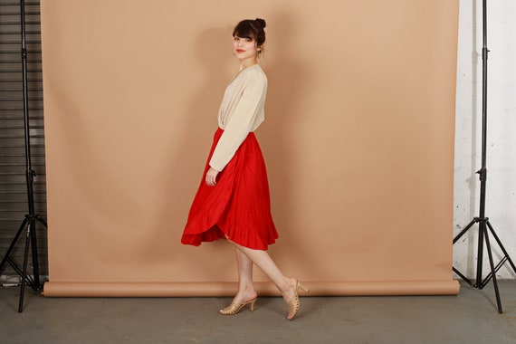 70s Apple Red Ruffles Skirt Vintage High Waisted … - image 7