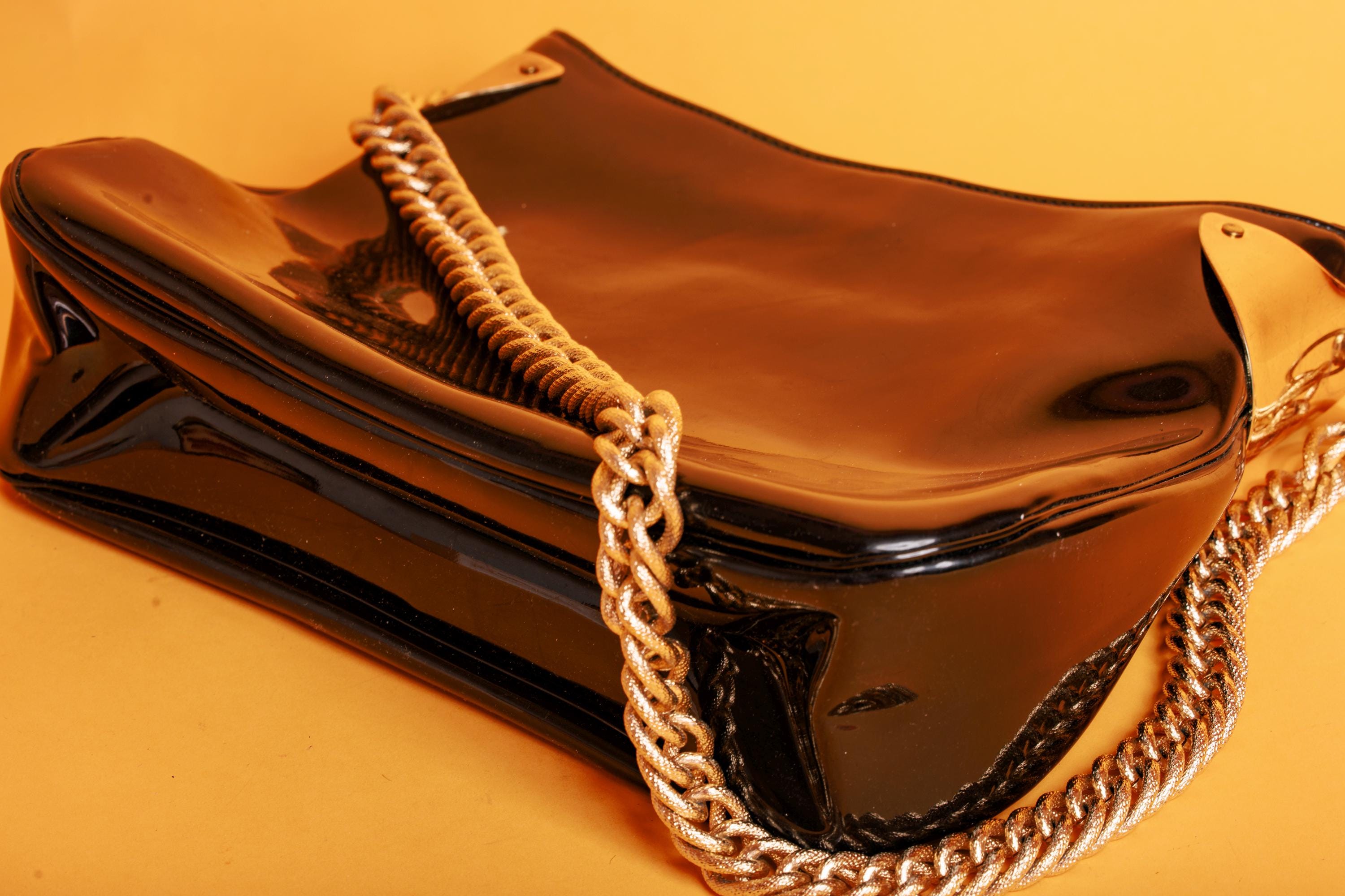 80s Black Patent Shoulder Bag With Gold Chain Strap Vintage Thick 