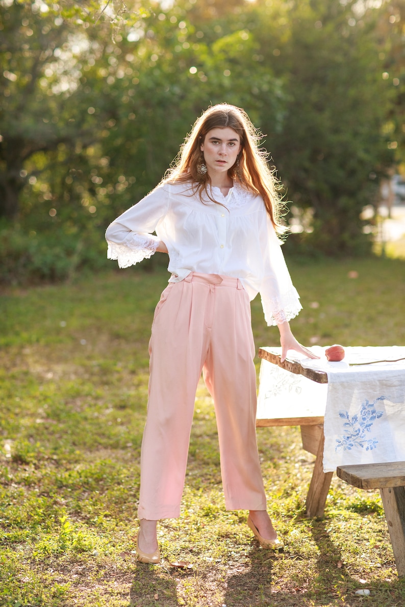 80s Pink Soft Rose Silk Trousers Vintage Pastel Shimmery Classic Pants image 2