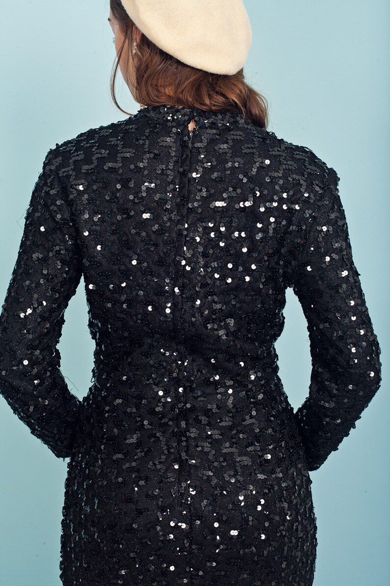 70s Black Sequin Cocktail Dress Vintage Long Sleeve Fitted Night Dress