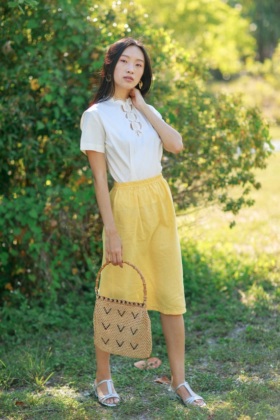 80s Bright Yellow Cotton Skirt Vintage Classic Pe… - image 8